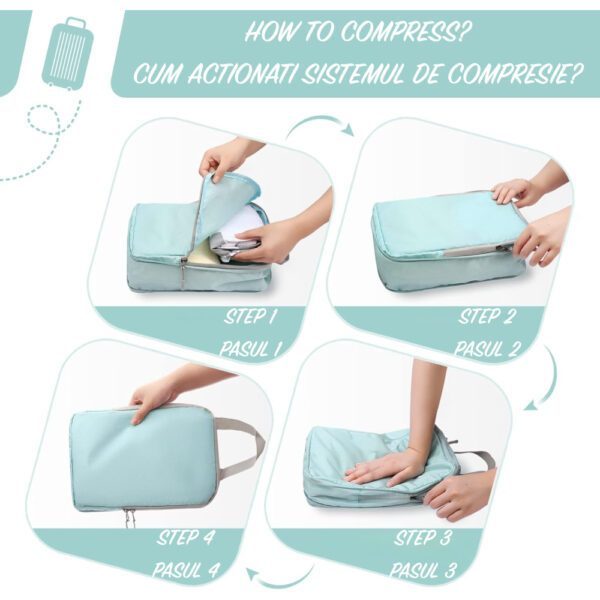 Set 8 huse organizare bagaj, Quasar & Co.®, impermeabile, 4 cu compresie/extensie, 1 husa pantofi, 1 husa tip sac, 1 husa universala, 1 geanta cosmetice, turcoaz - imagine 6