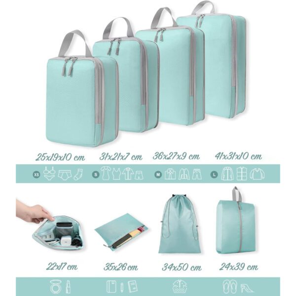 Set 8 huse organizare bagaj, Quasar & Co.®, impermeabile, 4 cu compresie/extensie, 1 husa pantofi, 1 husa tip sac, 1 husa universala, 1 geanta cosmetice, turcoaz - imagine 8