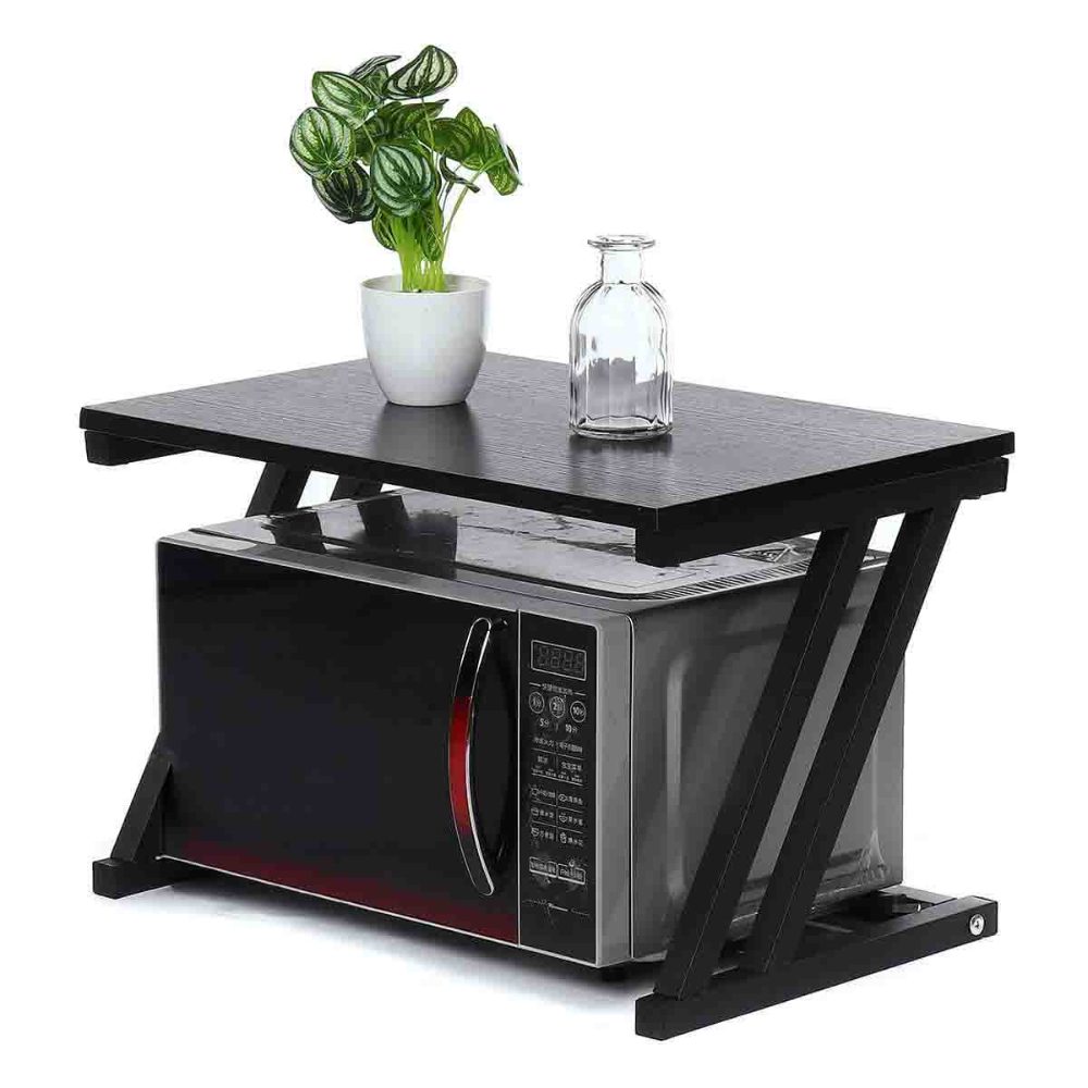 44041057-2 Raft cuptor microunde, Quasar & Co.®, suport bucatarie, rafturi cu 6 carlige, etajera cu cadru metalic si polite lemn, model Z-Micro, 57 x 38 x 38 cm, negru intens
