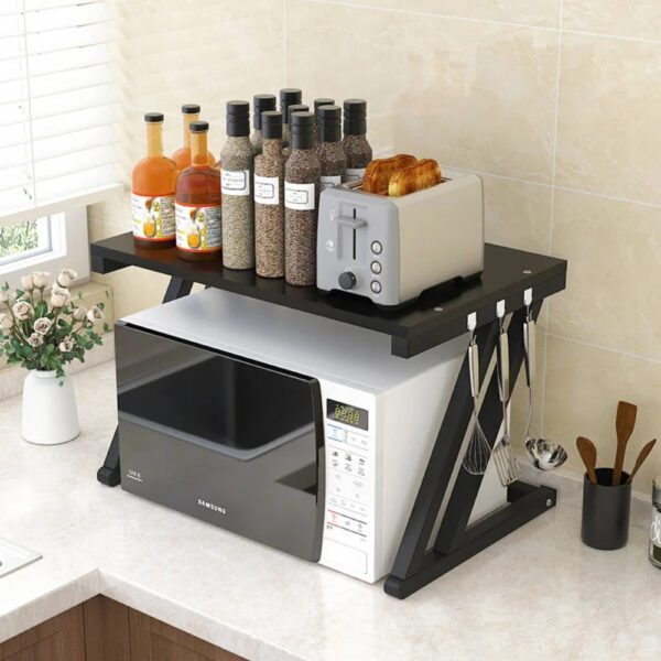 Raft cuptor microunde, Quasar & Co.®, suport bucatarie, rafturi cu 6 carlige, etajera cu cadru metalic si polite lemn, model Z-Micro, 57 x 38 x 38 cm, negru intens - imagine 5