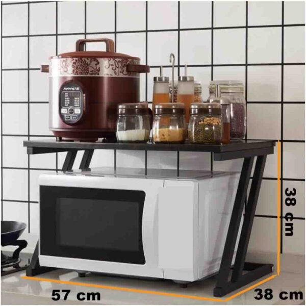 Raft cuptor microunde, Quasar & Co.®, suport bucatarie, rafturi cu 6 carlige, etajera cu cadru metalic si polite lemn, model Z-Micro, 57 x 38 x 38 cm, negru intens - imagine 7
