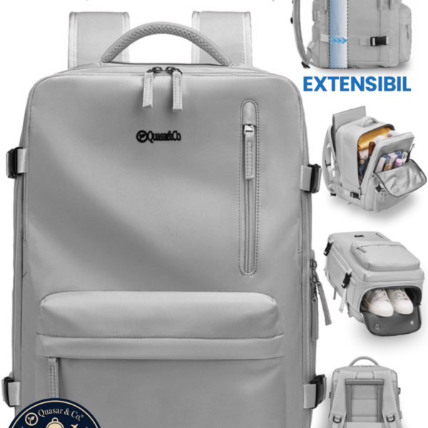 Rucsac bagaj de mana avion Quasar & Co.®, extensibil 43x30x20-28 cm, rucsac calatorie/voiaj multifunctional, impermeabil, compartiment pantofi, compartiment laptop, sistem agatare pe troler, pretabil drumetii/scoala, cu USB, textil, gri deschis