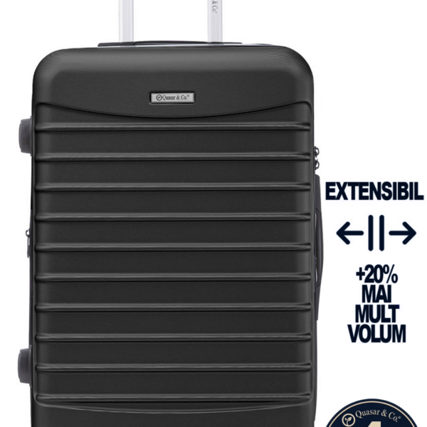 Troler mare extensibil Quasar & Co.®, 77x53x32-37cm, bagaj de cala, troller avion cu fermoar antifurt, cifru, maner telescopic, geamantan cu 4 roti duble silentioase 360°, valiza ABS 2.8 mm, 2 compartimente cu buzunar, LINE, Negru 2 Troler mare extensibil Quasar & Co.®, 77x53x32-37cm, bagaj de cala, troller avion cu fermoar antifurt, cifru, maner telescopic, geamantan cu 4 roti duble silentioase 360°, valiza ABS 2.8 mm, 2 compartimente cu buzunar, LINE, Negru