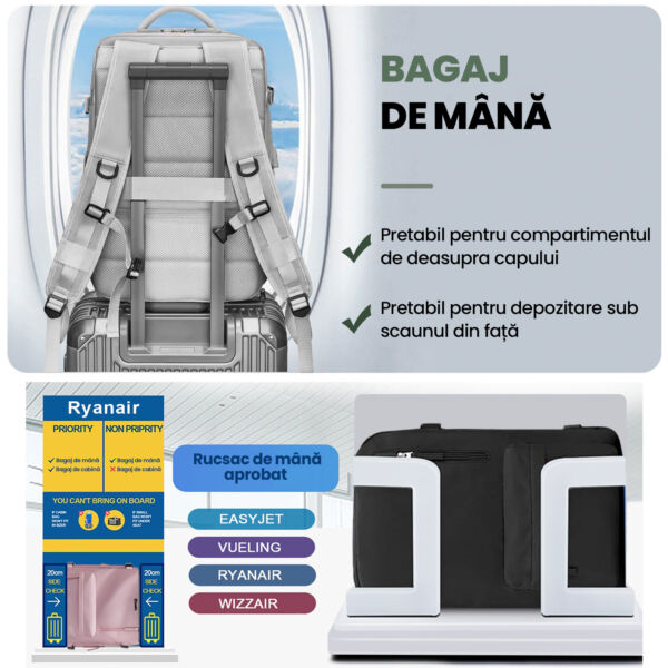 Rucsac voiaj, Quasar & Co.®, bagaj mana avion extensibil 43x30x20-28 cm + husa haine + sac rufe + trusa calatorie, rucsac calatorie multifunctional, impermeabil, compartiment pantofi, compartiment laptop, sistem agatare pe troler, textil, gri/gri - imagine 5