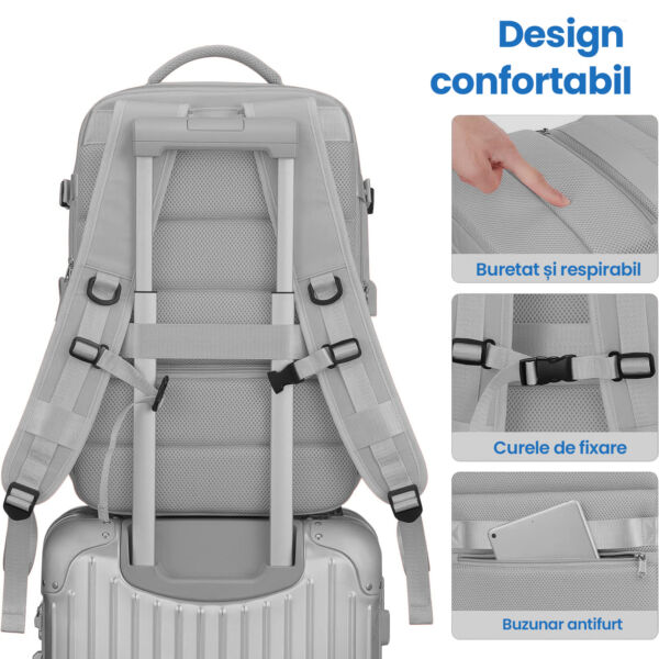 Rucsac voiaj, Quasar & Co.®, bagaj mana avion extensibil 43x30x20-28 cm + husa haine + sac rufe + trusa calatorie, rucsac calatorie multifunctional, impermeabil, compartiment pantofi, compartiment laptop, sistem agatare pe troler, textil, gri/gri - imagine 6