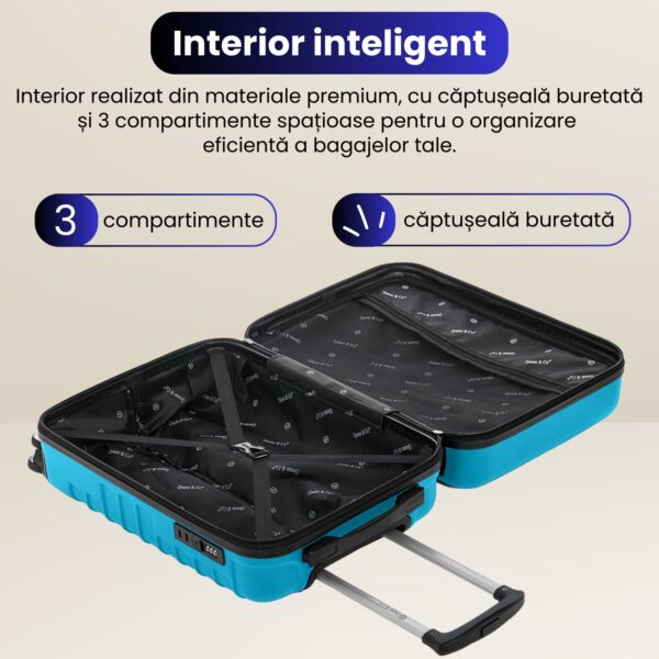 Troler cabina avion Quasar & Co.®, 55x36x20cm, bagaj de mana, troller cu fermoar antifurt, cifru, maner telescopic lung, geamantan cu 4 roti duble silentioase 360°, valiza ABS 2.8 mm, rezistent, 2 compartimente cu buzunar, 10kg, LINE, turcoaz - imagine 6