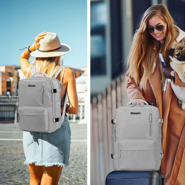 Rucsac voiaj, Quasar & Co.®, bagaj mana avion extensibil 43x30x20-28 cm + husa haine + sac rufe + trusa calatorie, rucsac calatorie multifunctional, impermeabil, compartiment pantofi, compartiment laptop, sistem agatare pe troler, textil, gri/gri - imagine 7