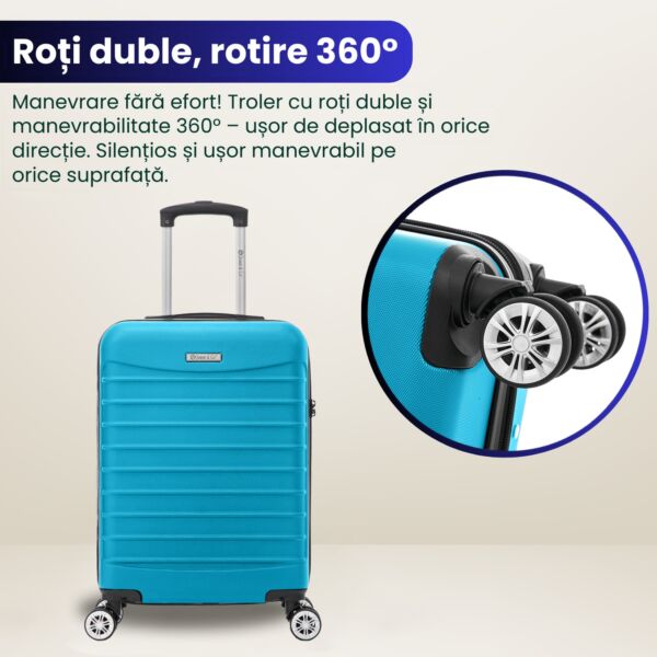 Troler cabina avion Quasar & Co.®, 55x36x20cm, bagaj de mana, troller cu fermoar antifurt, cifru, maner telescopic lung, geamantan cu 4 roti duble silentioase 360°, valiza ABS 2.8 mm, rezistent, 2 compartimente cu buzunar, 10kg, LINE, turcoaz - imagine 7