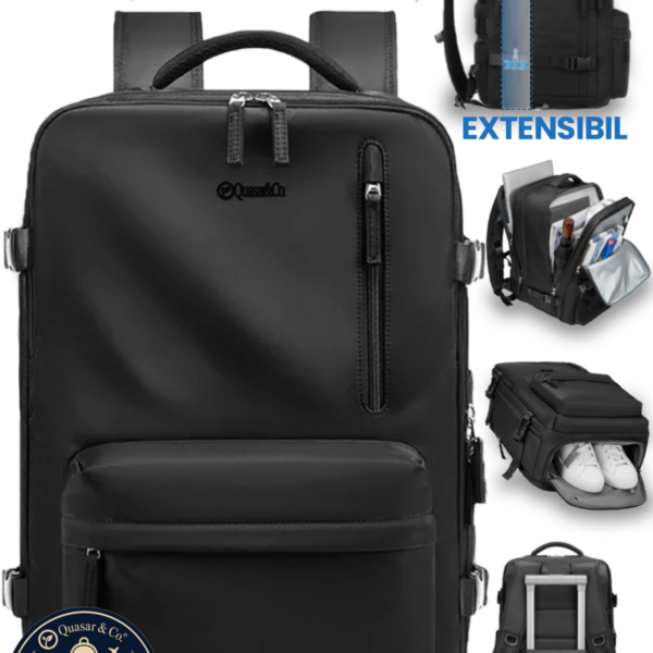 Rucsac bagaj de mana avion Quasar & Co.®, extensibil 43x30x20-28 cm, rucsac calatorie/voiaj multifunctional, impermeabil, compartiment pantofi, compartiment laptop, sistem agatare pe troler, pretabil drumetii/scoala, cu USB, textil, negru