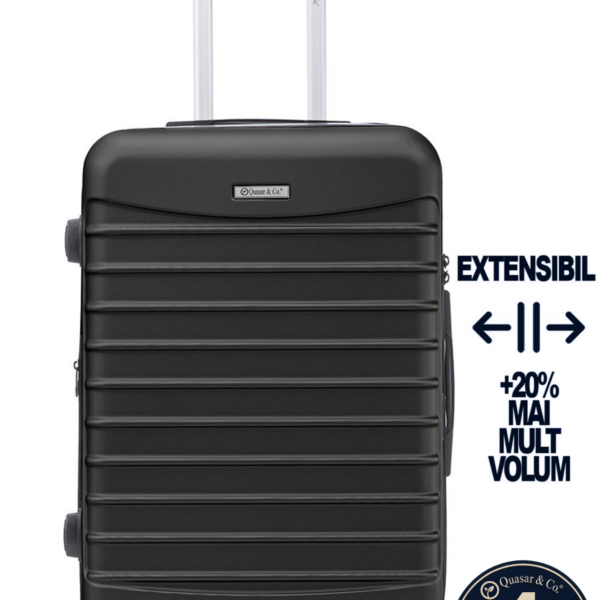 Troler mediu extensibil Quasar & Co.®, 66x45x28-33cm, bagaj de cala, troller avion cu fermoar antifurt, cifru, maner telescopic, geamantan cu 4 roti duble silentioase 360°, valiza ABS 2.8 mm, 2 compartimente cu buzunar, LINE, Negru