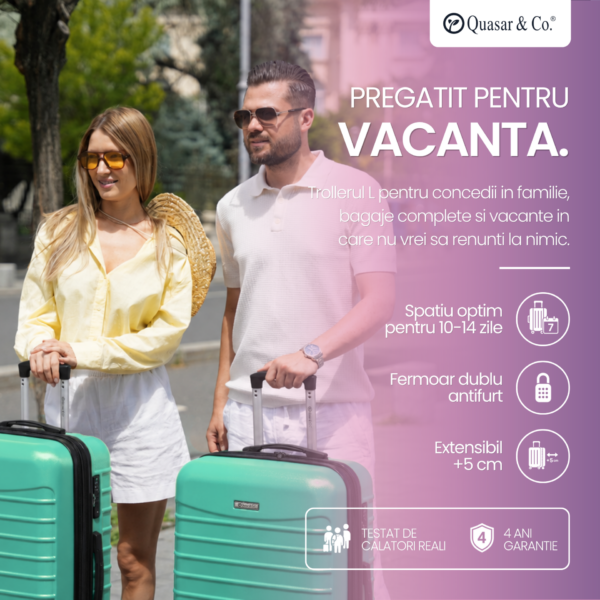 Troler mare extensibil Quasar & Co.®, 77x53x32-37cm, bagaj de cala, troller avion cu fermoar antifurt, cifru, maner telescopic, geamantan cu 4 roti duble silentioase 360°, valiza ABS 2.8 mm, 2 compartimente cu buzunar, LINE, Turcoaz deschis Troler mare extensibil Quasar & Co.®, 77x53x32-37cm, bagaj de cala, troller avion cu fermoar antifurt, cifru, maner telescopic, geamantan cu 4 roti duble silentioase 360°, valiza ABS 2.8 mm, 2 compartimente cu buzunar, LINE, Turcoaz deschis