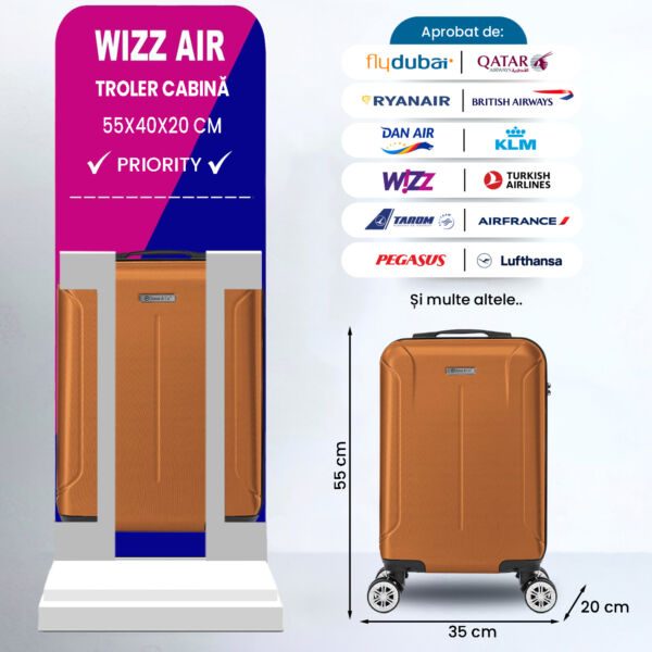 Troler cabina avion Quasar & Co.®, 55x35x20cm, bagaj de mana, troller cu fermoar antifurt, cifru, maner telescopic lung, geamantan cu 4 roti duble silentioase 360°, valiza ABS 2.8 mm, rezistent, 2 compartimente cu buzunar, 10kg, Smart, Camel Trolere cabina 2026-04-18