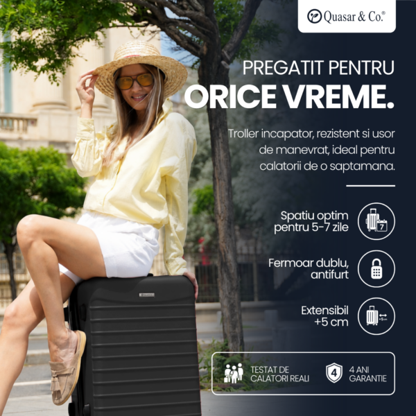 Troler mediu extensibil Quasar & Co.®, 66x45x28-33cm, bagaj de cala, troller avion cu fermoar antifurt, cifru, maner telescopic, geamantan cu 4 roti duble silentioase 360°, valiza ABS 2.8 mm, 2 compartimente cu buzunar, LINE, Negru