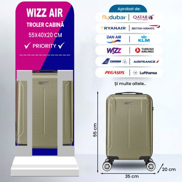 Troler cabina avion Quasar & Co.®, 55x35x20cm, bagaj de mana, troller cu fermoar antifurt, cifru, maner telescopic lung, geamantan cu 4 roti duble silentioase 360°, valiza ABS 2.8 mm, rezistent, 2 compartimente cu buzunar, 10kg, Smart, Sampanie Trolere cabina 2026-04-18