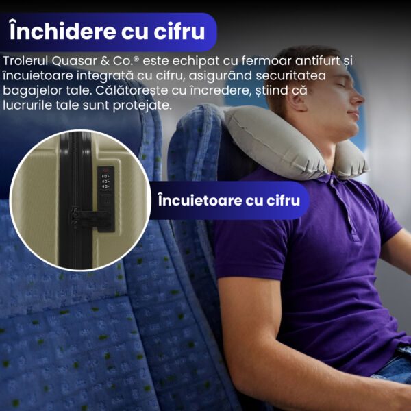 Troler cabina avion Quasar & Co.®, 55x35x20cm, bagaj de mana, troller cu fermoar antifurt, cifru, maner telescopic lung, geamantan cu 4 roti duble silentioase 360°, valiza ABS 2.8 mm, rezistent, 2 compartimente cu buzunar, 10kg, Smart, Sampanie - imagine 4