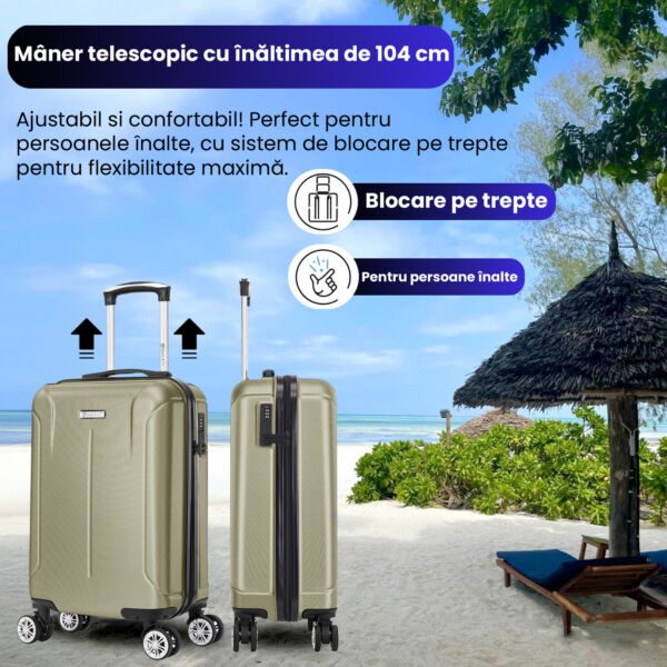 Troler cabina avion Quasar & Co.®, 55x35x20cm, bagaj de mana, troller cu fermoar antifurt, cifru, maner telescopic lung, geamantan cu 4 roti duble silentioase 360°, valiza ABS 2.8 mm, rezistent, 2 compartimente cu buzunar, 10kg, Smart, Sampanie - imagine 5