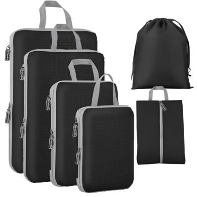 Set 6 huse organizare bagaj, Quasar & Co.®, impermeabile, 4 cu compresie/extensie, 1 husa pantofi, 1 husa tip sac, negru 9