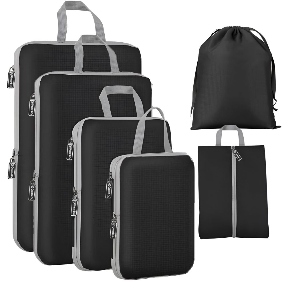Set 6 huse organizare bagaj, Quasar & Co.®, impermeabile, 4 cu compresie/extensie, 1 husa pantofi, 1 husa tip sac, negru