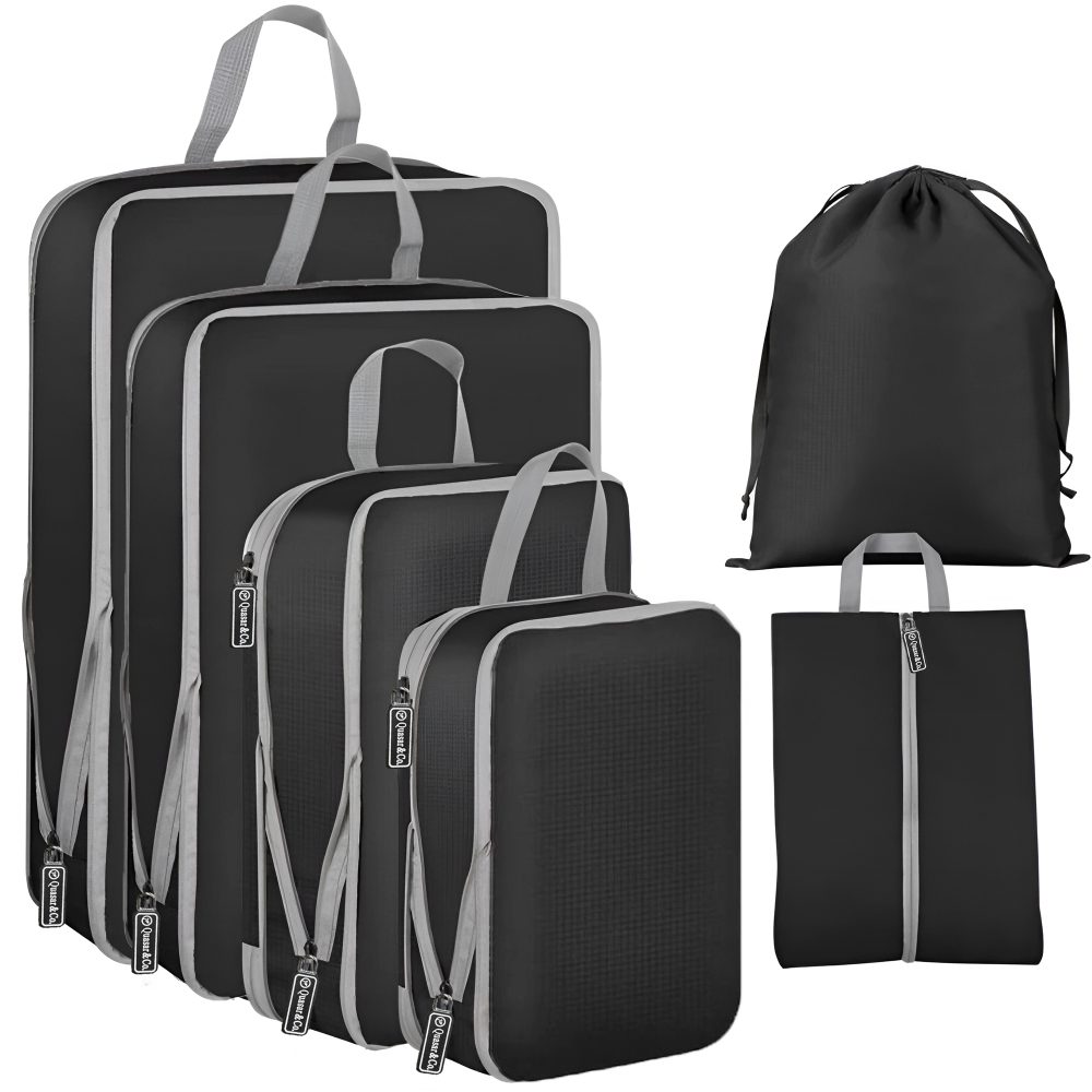 Set 6 huse organizare bagaj, Quasar & Co.®, impermeabile, 4 cu compresie/extensie, 1 husa pantofi, 1 husa tip sac, negru 2