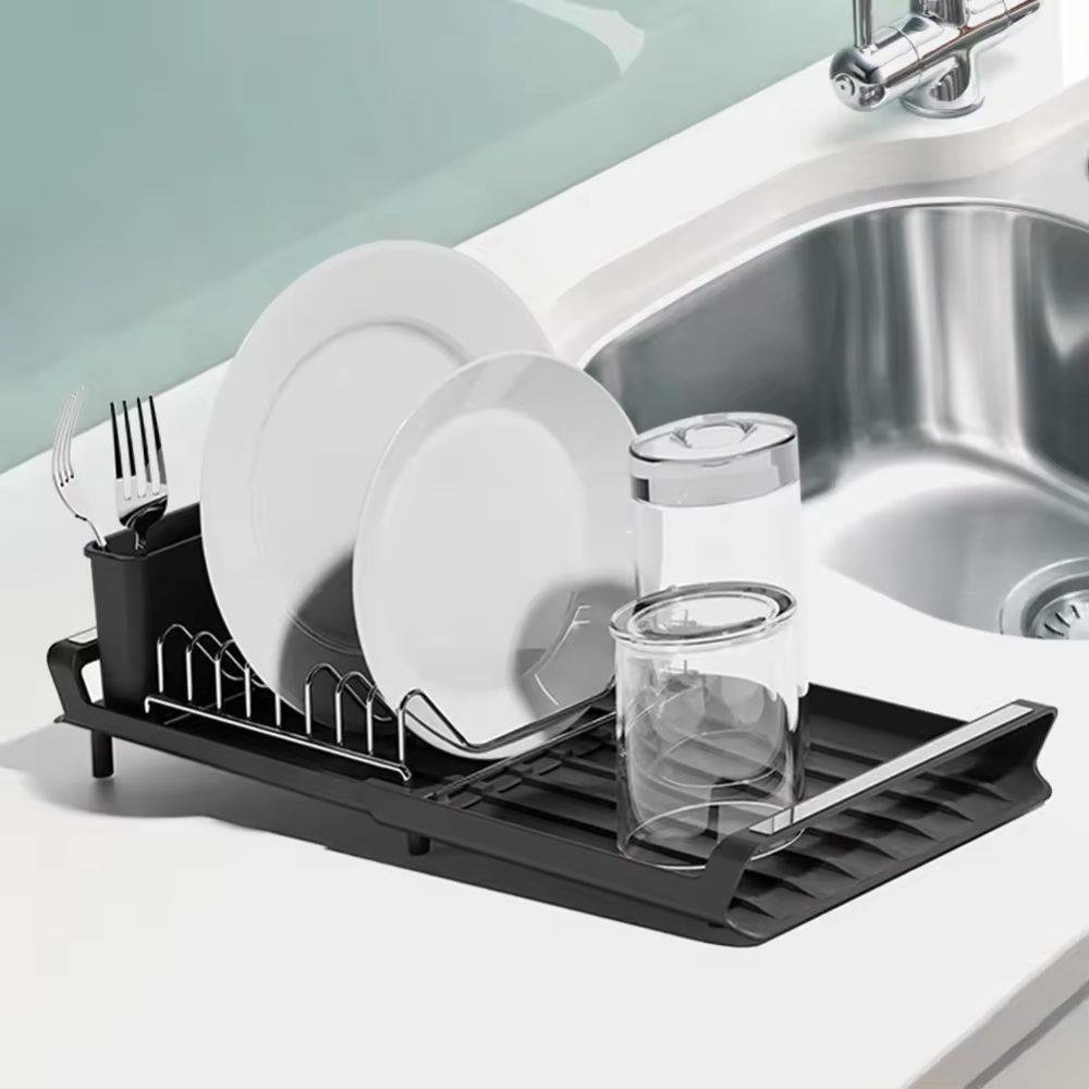 Scurgator de vase, Quasar & Co.®, extensibil, cu suport tacamuri si vesela, panta scurgere, 47x20x11 cm, metal/plastic, negru 6 Scurgator de vase, Quasar & Co.®, extensibil, cu suport tacamuri si vesela, panta scurgere, 47x20x11 cm, metal/plastic, negru 6