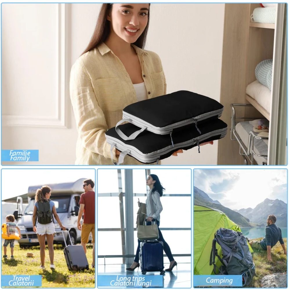 Set 6 huse organizare bagaj, Quasar & Co.®, impermeabile, 4 cu compresie/extensie, 1 husa pantofi, 1 husa tip sac, negru 4