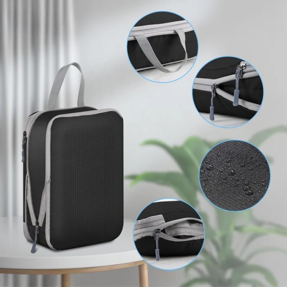 Set 6 huse organizare bagaj, Quasar & Co.®, impermeabile, 4 cu compresie/extensie, 1 husa pantofi, 1 husa tip sac, negru 5