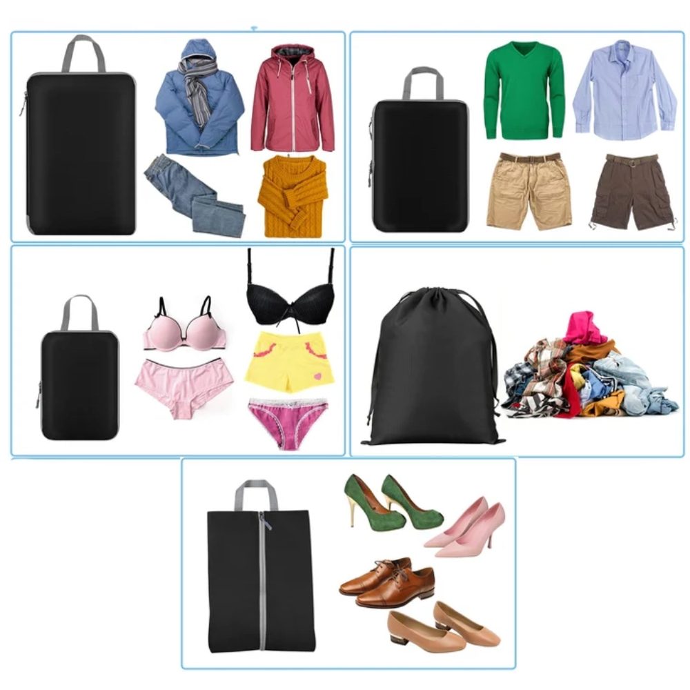 Set 6 huse organizare bagaj, Quasar & Co.®, impermeabile, 4 cu compresie/extensie, 1 husa pantofi, 1 husa tip sac, negru 6
