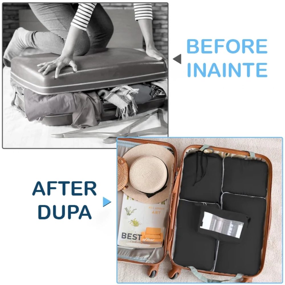 Set 6 huse organizare bagaj, Quasar & Co.®, impermeabile, 4 cu compresie/extensie, 1 husa pantofi, 1 husa tip sac, negru 7