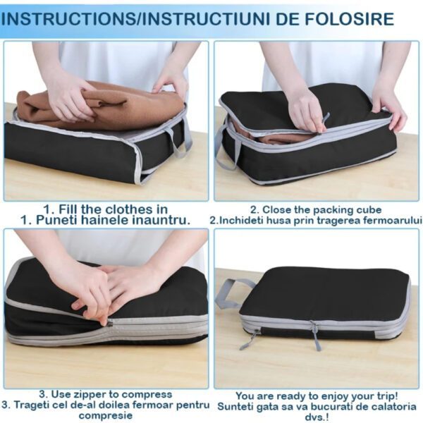 Set 6 huse organizare bagaj, Quasar & Co.®, impermeabile, 4 cu compresie/extensie, 1 husa pantofi, 1 husa tip sac, negru - imagine 8