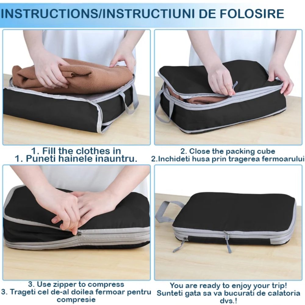 Set 6 huse organizare bagaj, Quasar & Co.®, impermeabile, 4 cu compresie/extensie, 1 husa pantofi, 1 husa tip sac, negru 8