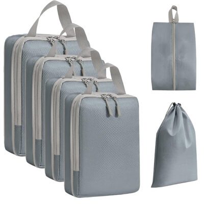Set 6 huse organizare bagaj, Quasar & Co.®, impermeabile, 4 cu compresie/extensie, 1 husa pantofi, 1 husa tip sac, gri 8