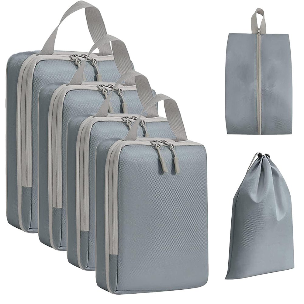 Set 6 huse organizare bagaj, Quasar & Co.®, impermeabile, 4 cu compresie/extensie, 1 husa pantofi, 1 husa tip sac, gri
