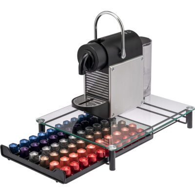 Suport pentru 60 capsule, Quasar & Co.®, compatibil Nespresso, cu suport cafetiera, stand orizontal, 40,5x31x7 cm, metal/sticla, negru 12