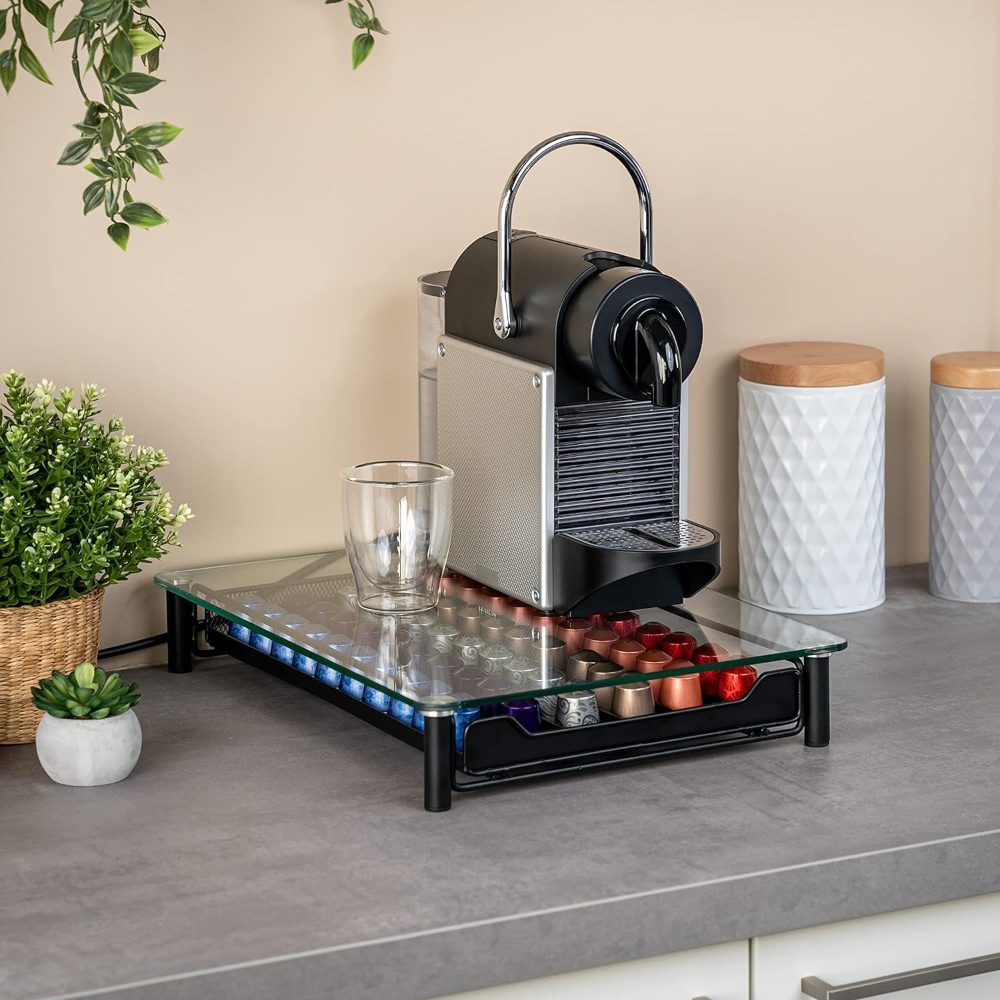 Suport pentru 60 capsule, Quasar & Co.®, compatibil Nespresso, cu suport cafetiera, stand orizontal, 40,5x31x7 cm, metal/sticla, negru 4