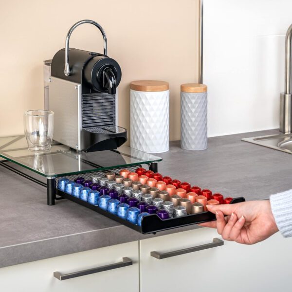 Suport pentru 60 capsule, Quasar & Co.®, compatibil Nespresso, cu suport cafetiera, stand orizontal, 40,5x31x7 cm, metal/sticla, negru - imagine 5