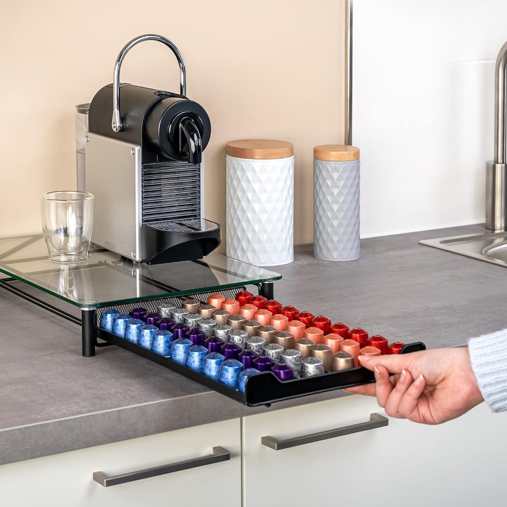 Suport pentru 60 capsule, Quasar & Co.®, compatibil Nespresso, cu suport cafetiera, stand orizontal, 40,5x31x7 cm, metal/sticla, negru 5