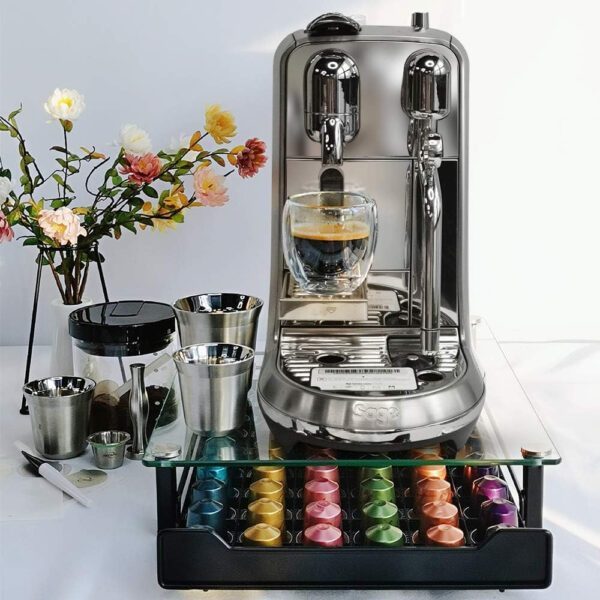 Suport pentru 60 capsule, Quasar & Co.®, compatibil Nespresso, cu suport cafetiera, stand orizontal, 40,5x31x7 cm, metal/sticla, negru - imagine 6