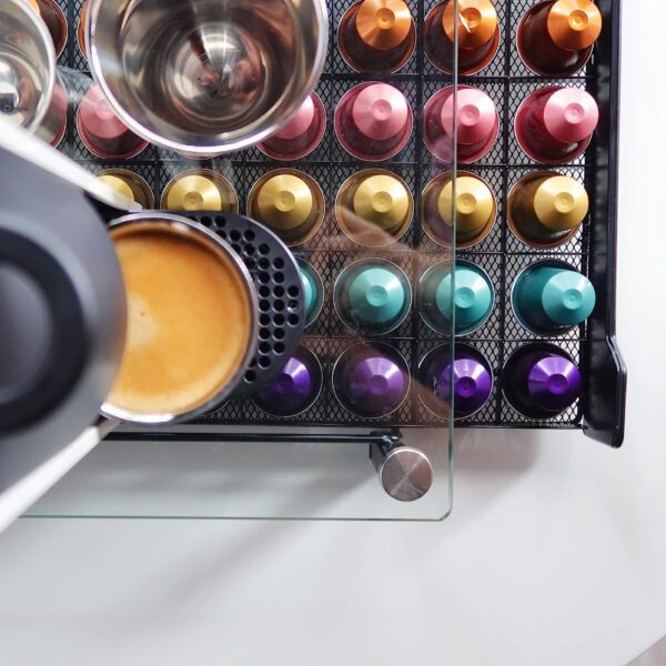 Suport pentru 60 capsule, Quasar & Co.®, compatibil Nespresso, cu suport cafetiera, stand orizontal, 40,5x31x7 cm, metal/sticla, negru - imagine 9
