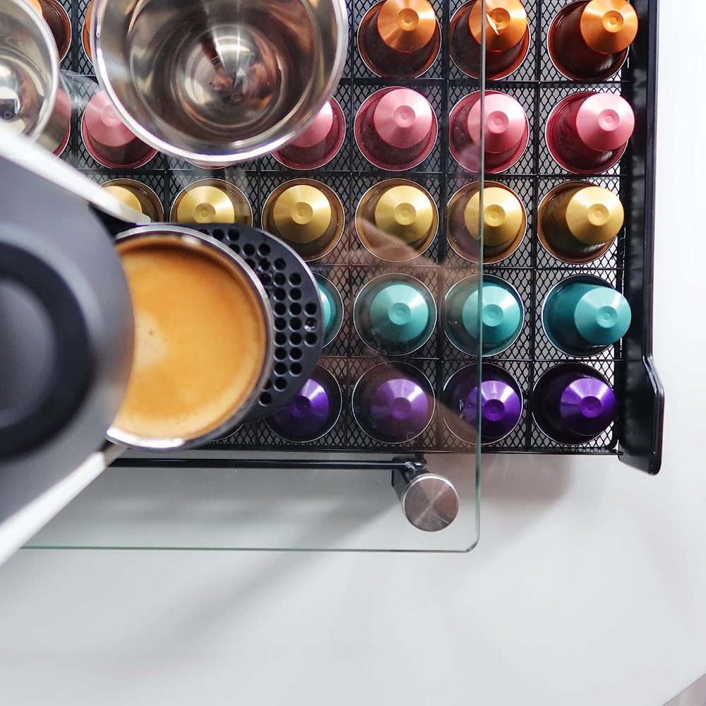 Suport pentru 60 capsule, Quasar & Co.®, compatibil Nespresso, cu suport cafetiera, stand orizontal, 40,5x31x7 cm, metal/sticla, negru 9