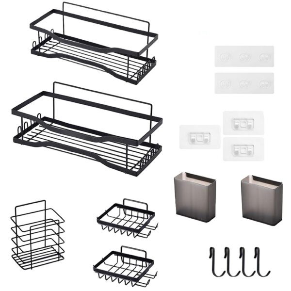 Set 5 rafturi baie si 2 compartimente, Quasar & Co.®, organizator universal, otel inoxidabil/ABS, negru Suporturi si accesorii de baie 2024-09-08