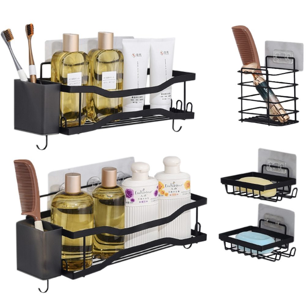 44041051-2 Set 5 rafturi baie si 2 compartimente, Quasar & Co.®, organizator universal, otel inoxidabil/ABS, negru