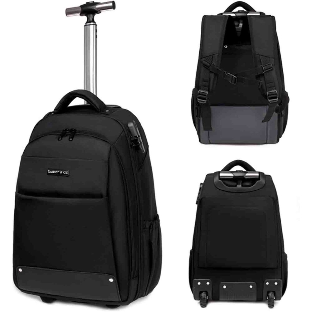 Rucsac tip troler, Quasar & Co.®, model Falcon, cu roti, compartiment laptop, buzunare, tesatura oxford/piele ecologica, negru 2