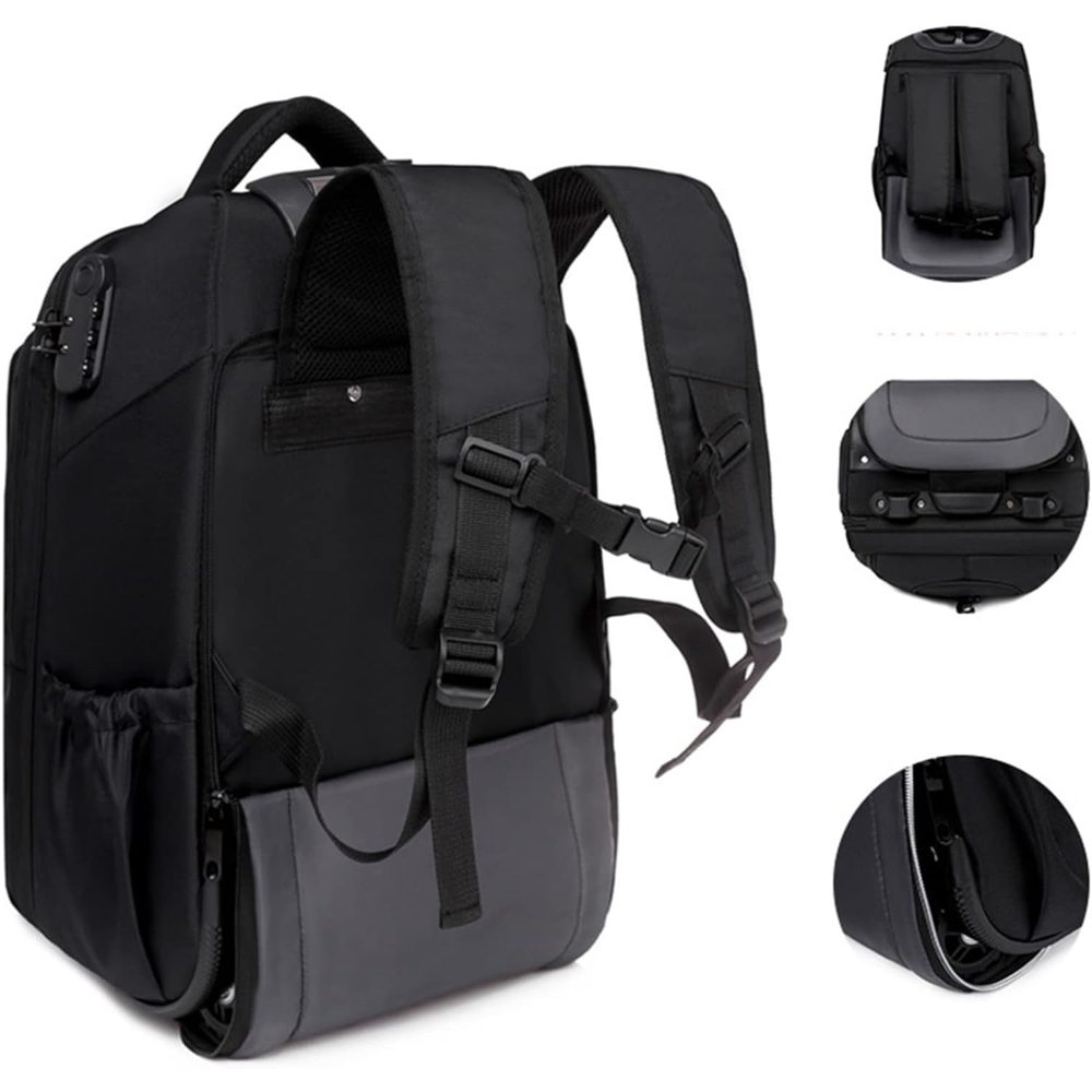 Rucsac tip troler, Quasar & Co.®, model Falcon, cu roti, compartiment laptop, buzunare, tesatura oxford/piele ecologica, negru 5