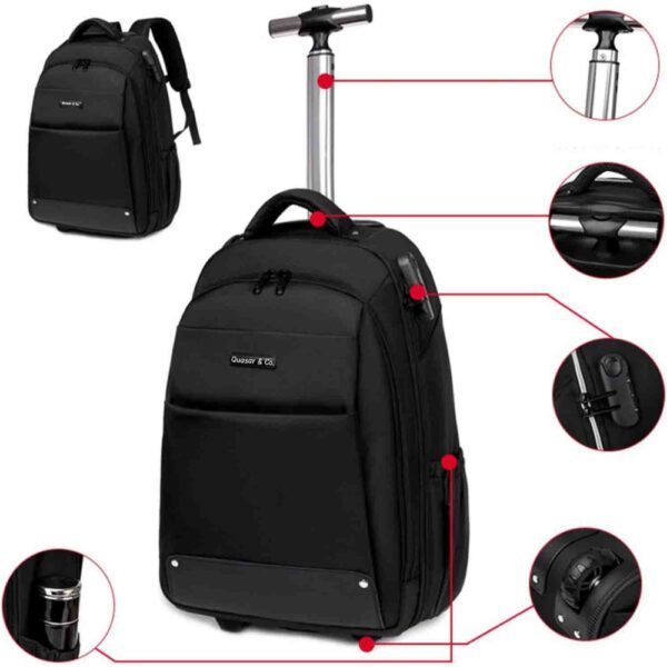 Rucsac tip troler, Quasar & Co.®, model Falcon, cu roti, compartiment laptop, buzunare, tesatura oxford/piele ecologica, negru - imagine 6