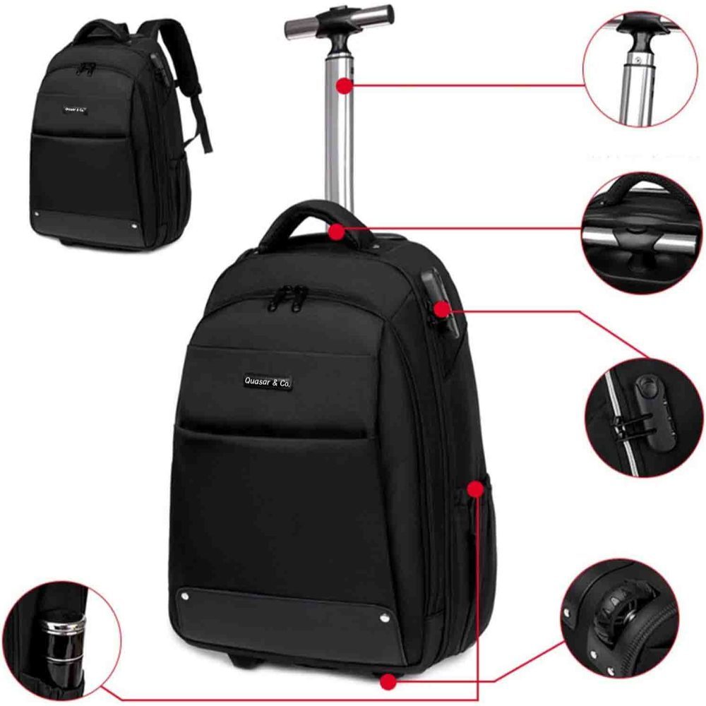 Rucsac tip troler, Quasar & Co.®, model Falcon, cu roti, compartiment laptop, buzunare, tesatura oxford/piele ecologica, negru 6