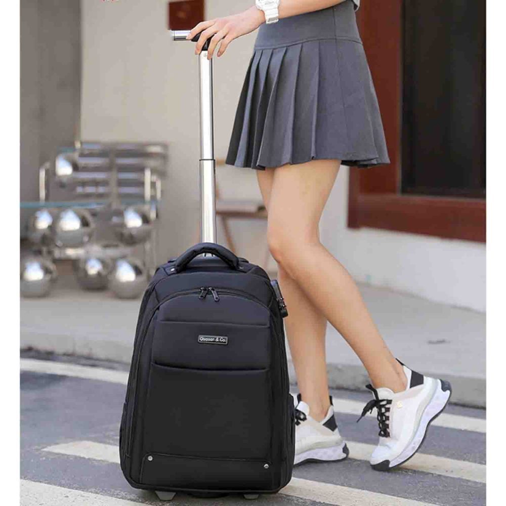 Rucsac tip troler, Quasar & Co.®, model Falcon, cu roti, compartiment laptop, buzunare, tesatura oxford/piele ecologica, negru 7