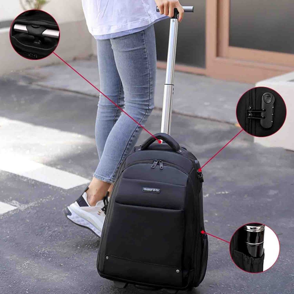 Rucsac tip troler, Quasar & Co.®, model Falcon, cu roti, compartiment laptop, buzunare, tesatura oxford/piele ecologica, negru 8