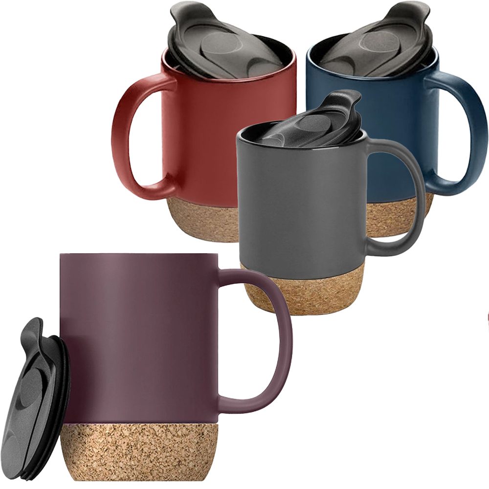 44041119-1 Set 4 cani cafea/ceai, Quasar & Co.®, pretabile voiaj/calatorie, cu capac to go, baza de pluta, ceramica, 400 ml, multicolor