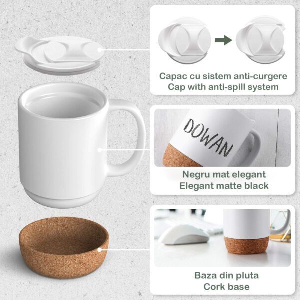 Set 4 cani cafea/ceai, Quasar & Co.®, pretabile voiaj/calatorie, cu capac to go, baza de pluta, ceramica, 400 ml, alb - imagine 8