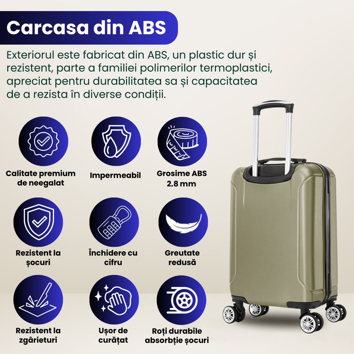 Troler cabina avion Quasar & Co.®, 55x35x20cm, bagaj de mana, troller cu fermoar antifurt, cifru, maner telescopic lung, geamantan cu 4 roti duble silentioase 360°, valiza ABS 2.8 mm, rezistent, 2 compartimente cu buzunar, 10kg, Smart, Sampanie 6 Troler cabina avion Quasar & Co.®, 55x35x20cm, bagaj de mana, troller cu fermoar antifurt, cifru, maner telescopic lung, geamantan cu 4 roti duble silentioase 360°, valiza ABS 2.8 mm, rezistent, 2 compartimente cu buzunar, 10kg, Smart, Sampanie 6